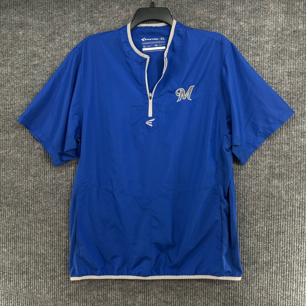 Easton Milwaukee Brewers Batting Jacket Mens XL Blue Short Sleeve 1/4 Zip Exc